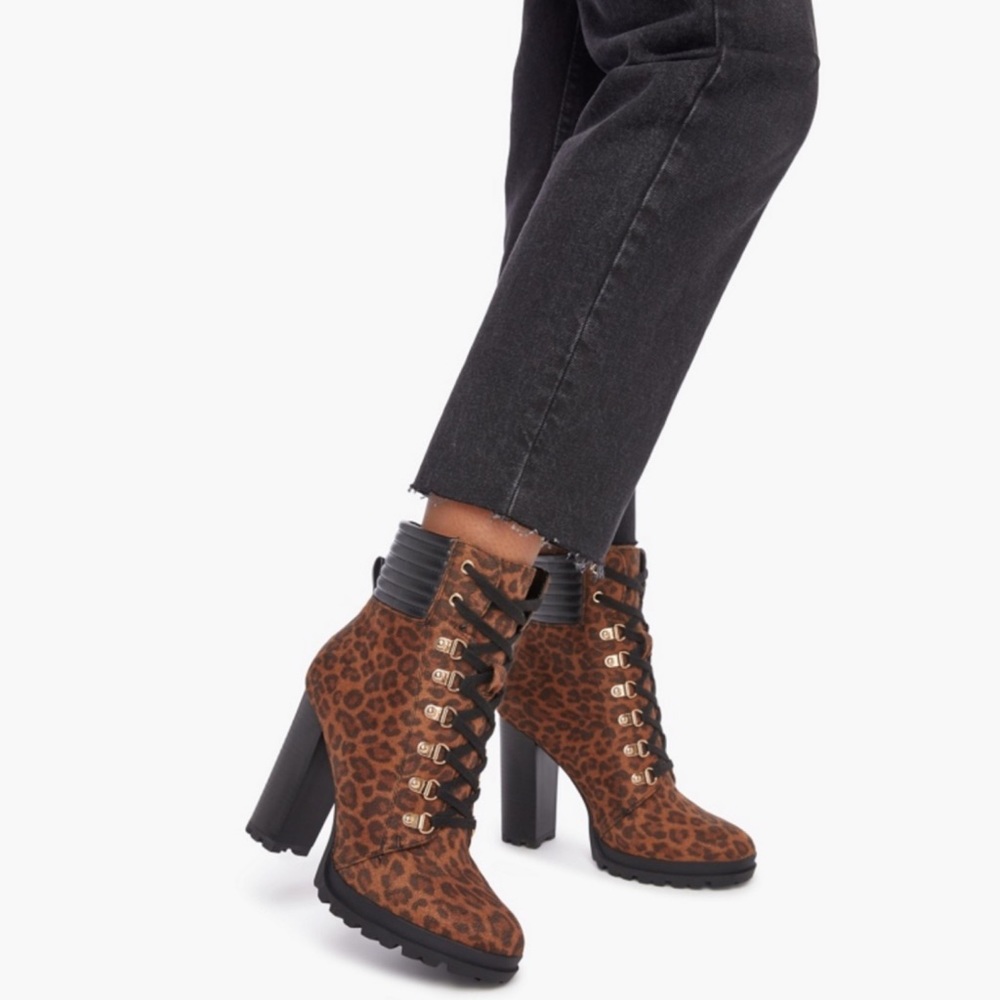 Brown Leopard Black Cuff Lace Up Chunky Heel Ankle Boot
